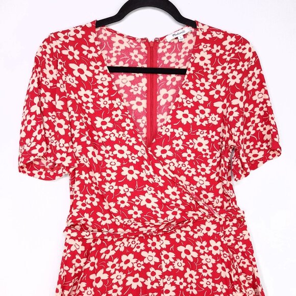 Madewell Romper Womens 4 Red Floral Shorts Wrap Front Top Zip Back Pockets - Picture 4 of 15